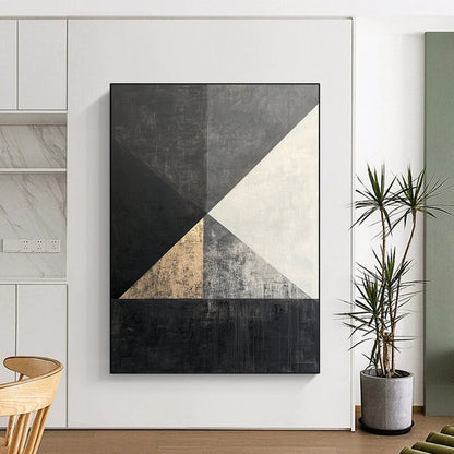 Black, White, Gray, Gold, Triangular Geometry "Gilded Triangle Tango" Abstract Cubist - Inspired Painting On Canvas HB122