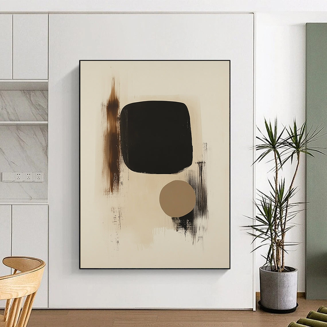 Large contemporary hand-painted abstract art featuring black shapes on beige background with a small brown form and organic brushstroke textures. DLZ1331