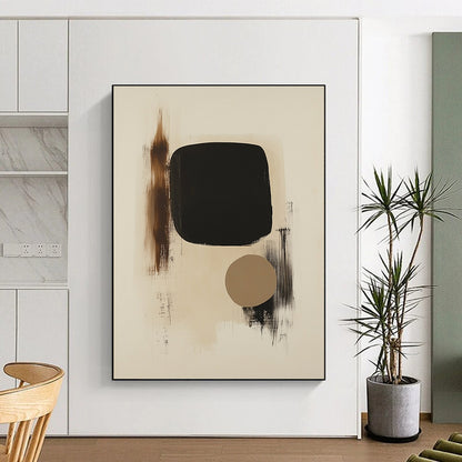 Large contemporary hand-painted abstract art featuring black shapes on beige background with a small brown form and organic brushstroke textures. DLZ1331