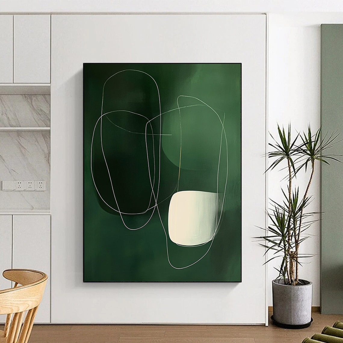 Large contemporary hand-painted abstract art featuring minimalist white lines and shapes on a dark green background with smooth organic curves. DLZ0754