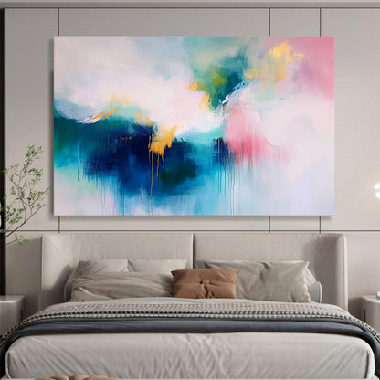 “Pink and Gold Abstract Drip” - Pink, gray, gold; Abstract drip with gold accents; Acrylic Painting On Canvas HB1280