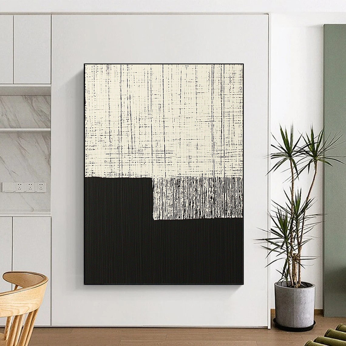 Contemporary hand-painted abstract art featuring minimalist black and white vertical lines on a dark background with a floating cloth element. DLZ1605