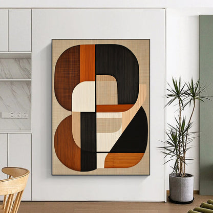 Contemporary hand-painted abstract artwork featuring mid-century modern shapes in earth tones with black lines on a beige background. DLZ1599