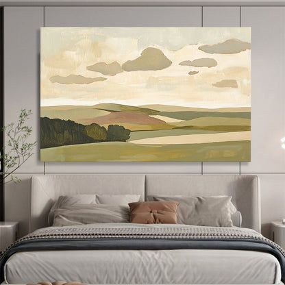 “Softly Painted Landscape” - Green, beige, pink, blue, Minimalist Landscape Painting HB0622