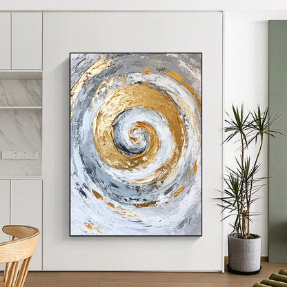 Contemporary hand-painted abstract artwork featuring a spiral design with gold accents on a textured white and grey background. DLZ0807