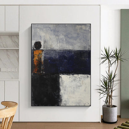 Contemporary hand-painted abstract artwork depicting an evening sea in dark blue and gray tones with rusted metal elements. DLZ0577