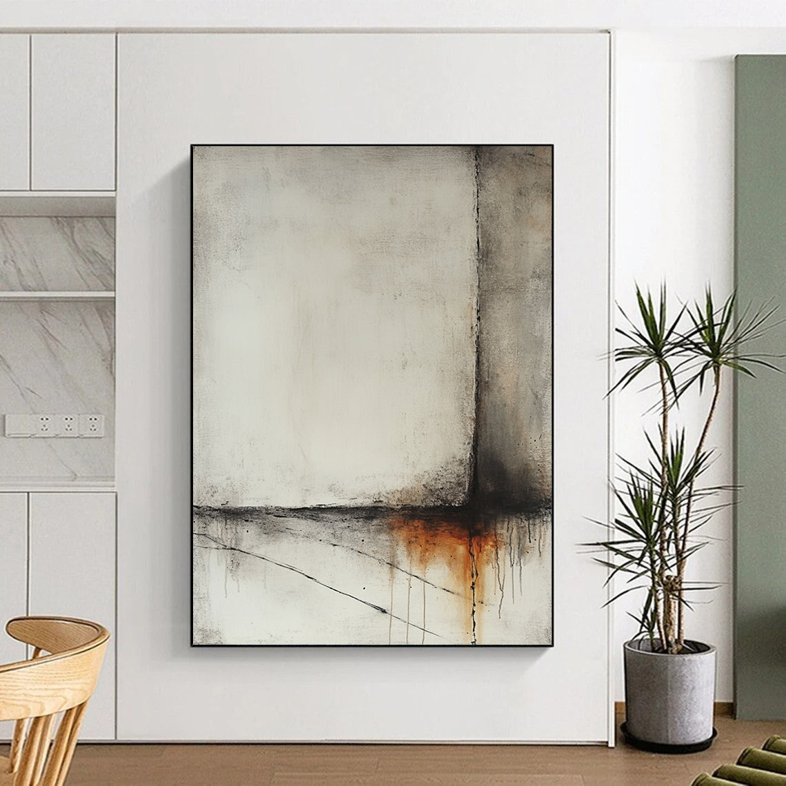 Contemporary abstract artwork featuring a misty ocean scene in light gray and amber tones with minimalistic dry brush techniques and hints of rusted metal. DLZ1004