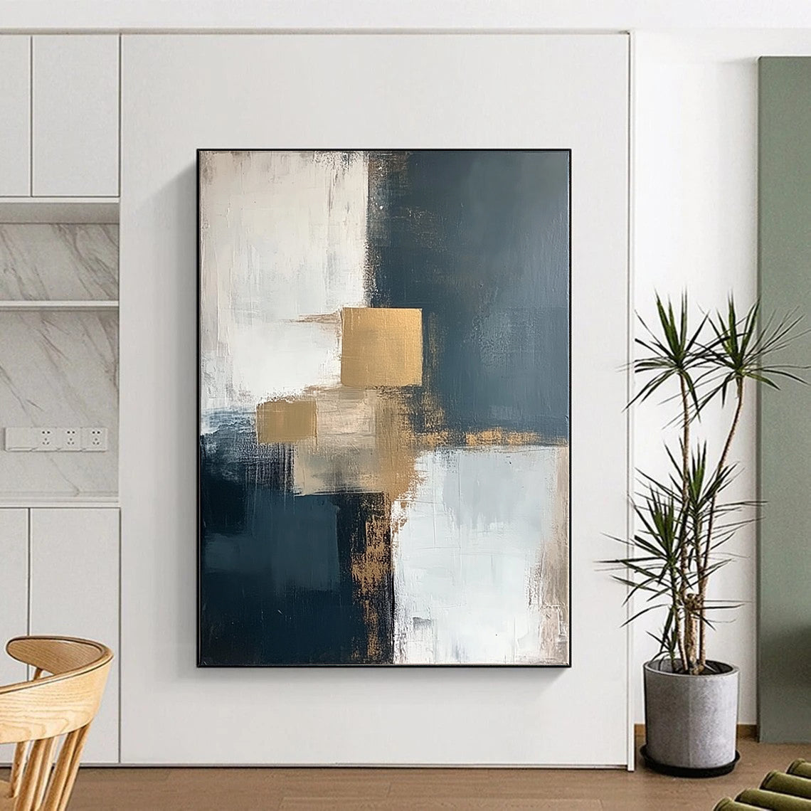 Contemporary abstract artwork featuring bold brush strokes in white, grey, beige, and blue with striking gold accents for a vibrant decor statement. DLZ0344