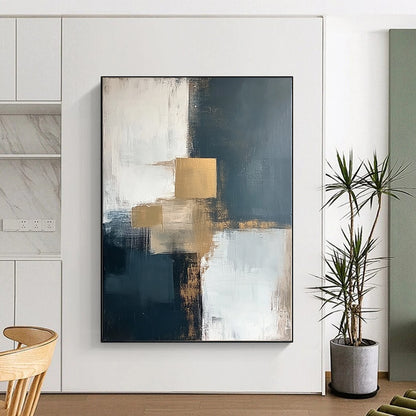 Contemporary abstract artwork featuring bold brush strokes in white, grey, beige, and blue with striking gold accents for a vibrant decor statement. DLZ0344