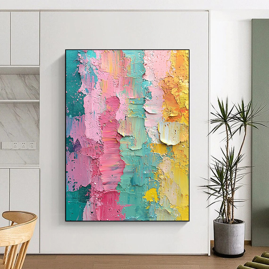 Contemporary hand-painted abstract artwork featuring vibrant pink green yellow and teal layers with textured brushstrokes and the word blessed at its center. DLZ1248