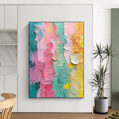 Contemporary hand-painted abstract artwork featuring vibrant pink green yellow and teal layers with textured brushstrokes and the word blessed at its center. DLZ1248