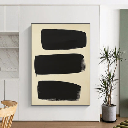Contemporary abstract painting featuring five overlapping black shapes on a cream background inspired by Adolphus Reiffel's minimalistic style. DLZ1414