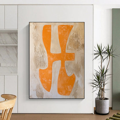 Contemporary abstract painting featuring orange "Xing" characters in a textured canvas with warm terracotta and pale yellow hues. DLZ1706