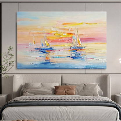 Sailboats at Sunset on Calm Waters - Impressionistic Seaside Painting On Canvas HB0454