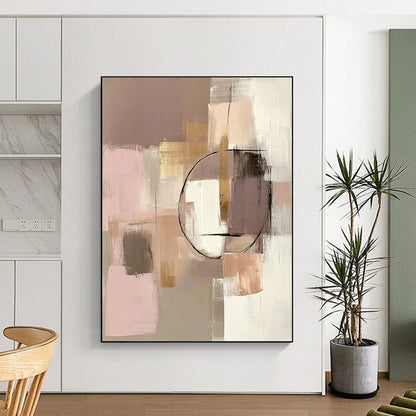 Contemporary hand-painted abstract artwork featuring beige and pink tones with geometric elements and gold accents in soft textures. DLZ0874