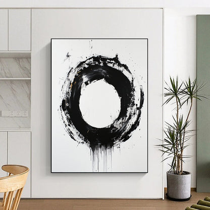 White, Black and Gold Abstract Circle "Dynamic Enso" Painting On Canvas HB366