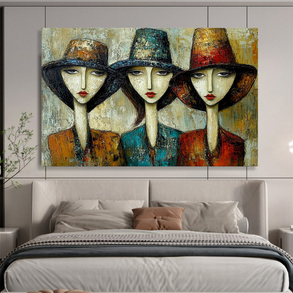 “Women in Hats” - Earthy Tones, Reds, Blues, Stylized Portraits of Women in Hats - Textured Oil Painting HB1760