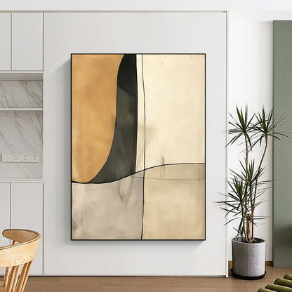 Contemporary hand-painted abstract art featuring deconstructed minimalism in cream and gray tones with negative space and fluid shapes. DLZ1391