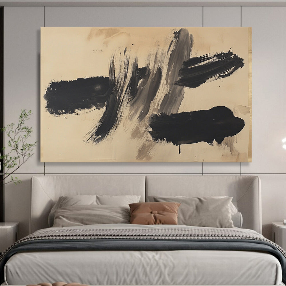 “Subtle Black - Beige Marks” - Black, Gray, Beige, Minimalist Brushstrokes - Ink Painting HB1629
