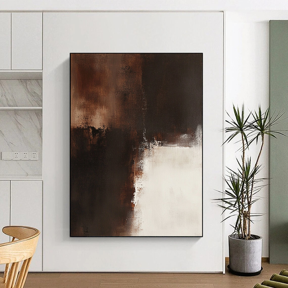 Big contemporary hand-painted abstract artwork featuring a brown and white palette on a beige background with dark bronze details expressing emotional depth and vintage texture. DLZ0566