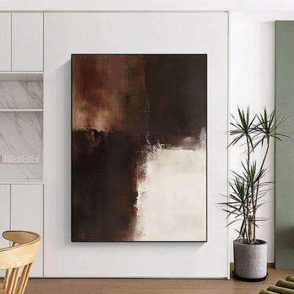 Big contemporary hand-painted abstract artwork featuring a brown and white palette on a beige background with dark bronze details expressing emotional depth and vintage texture. DLZ0566