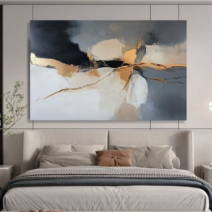 “Gilded Cracks” - Gray, Gold, Black, Abstract Textured Painting On Canvas HB1059
