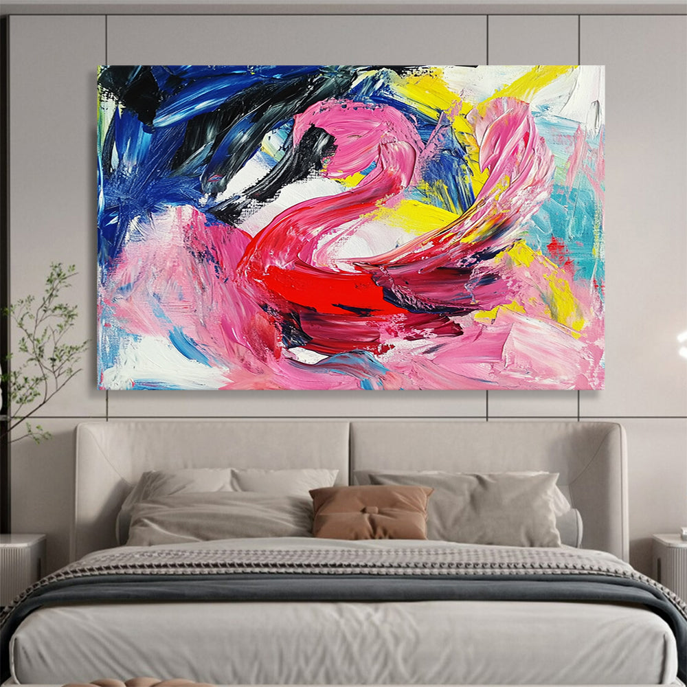 “Colorful Abstract Swan in Pink, Red, Blue, and Yellow” - Pink, red, blue, yellow; Abstract swan with colorful brushstrokes; Acrylic Painting On Canvas HB1234