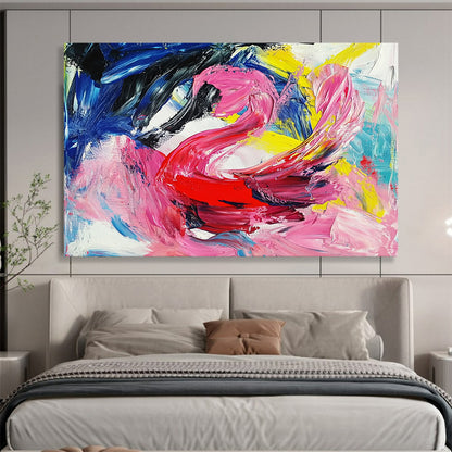 “Colorful Abstract Swan in Pink, Red, Blue, and Yellow” - Pink, red, blue, yellow; Abstract swan with colorful brushstrokes; Acrylic Painting On Canvas HB1234