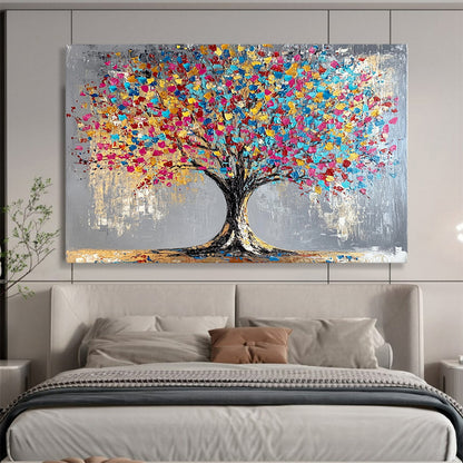 “Rainbow Leaf Tree” - Gray background, vibrant leaves, textured trunk, Abstract Tree Painting On Canvas HB0591