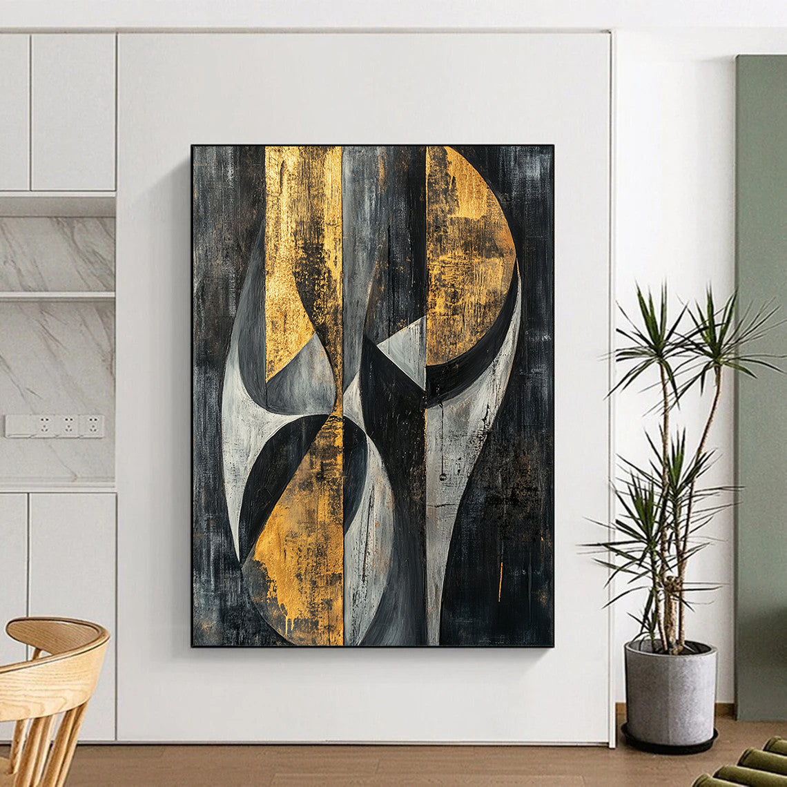 Gray, Black, Gold and Silver Geometric Abstraction "Mystic Geometry" Painting On Canvas HB397