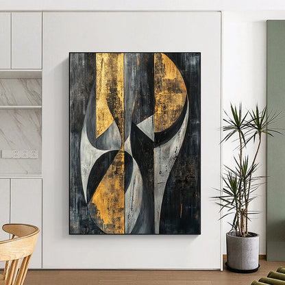 Gray, Black, Gold and Silver Geometric Abstraction "Mystic Geometry" Painting On Canvas HB397