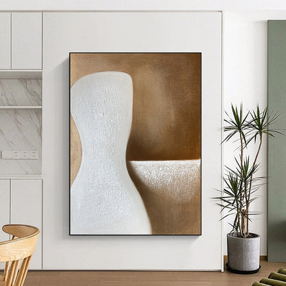Contemporary abstract art featuring soft beige tones with elegant curves and gentle shadows, creating a serene minimalist composition on a textured canvas surface. DLZ0998