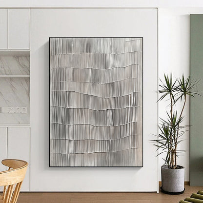 Contemporary hand-painted abstract art features textured gray vertical lines resembling wavy wood surfaces on a neutral gray background. DLZ1481