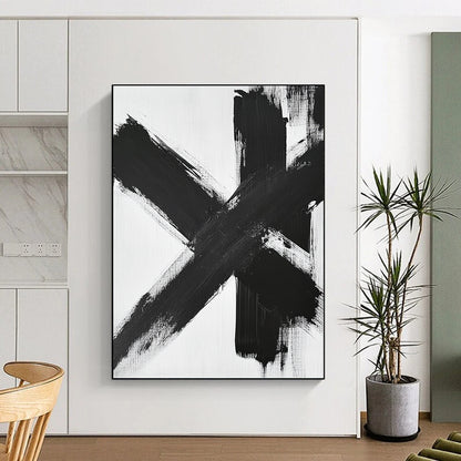 Contemporary large abstract painting featuring black and white brushstrokes dynamic textures and a symmetrical cross-shaped composition on a white background. DLZ1541