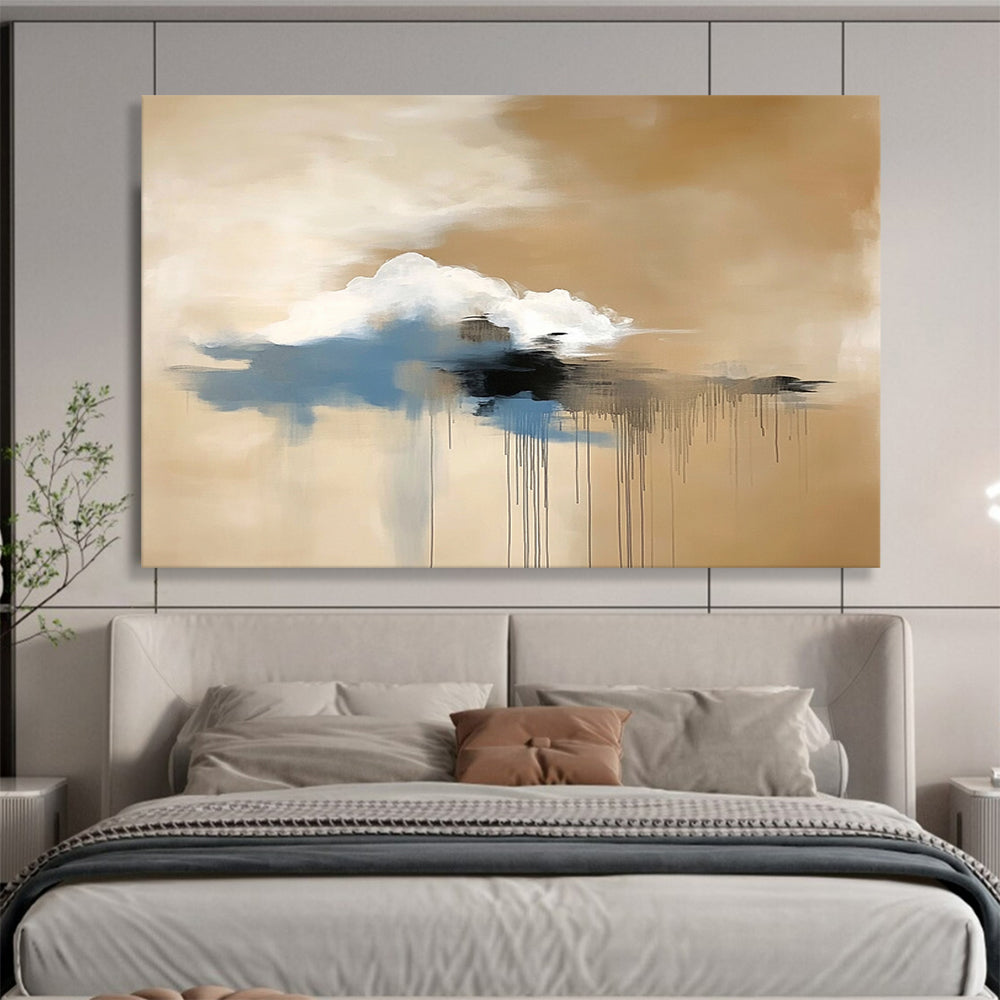 “Floating Cloud Dreamscape” - Beige, White, Blue, Black, Abstract Cloud - like Forms with Drips Painting On Canvas HB1082