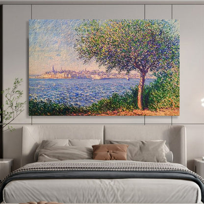“Pointillist Tree and Sea” - Blue, Green, Purple, Pointillist Coastal Scene - Pointillist Oil Painting HB1675
