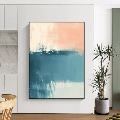Contemporary hand-painted abstract art featuring muted blue and peach tones with soft brush strokes and a calming sea-inspired atmosphere. DLZ0554