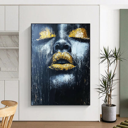 Contemporary hand-painted abstract art featuring an African woman's lips with gold leaf highlights on a dark textured background. DLZ1542