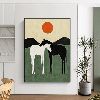 Contemporary abstract art featuring two minimalist horses against green hills with orange suns, capturing harmony through simple shapes and lines. DLZ1141