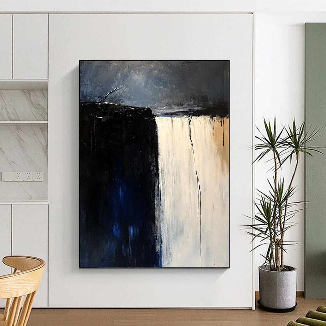Large contemporary hand-painted abstract artwork featuring a white waterfall against a dark blue sky in a minimalist beige and black palette. DLZ0610