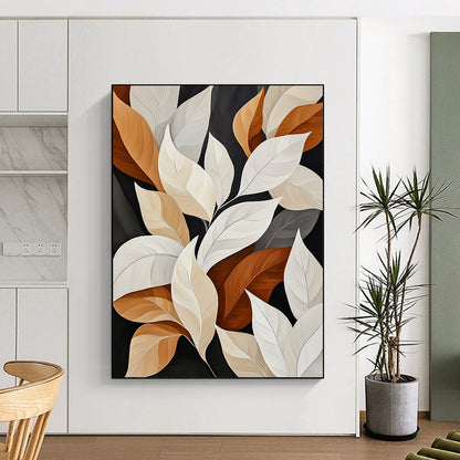 Contemporary abstract painting featuring white and beige leaves with brown edges on dark backgrounds showcasing varied sizes shapes and angles in a muted color palette. DLZ1425