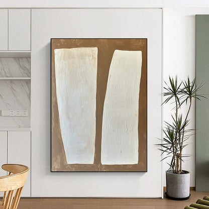 Large contemporary hand-painted abstract art featuring white rectangular forms on a textured brown and white background with soft edges and a minimalist style. DLZ1750
