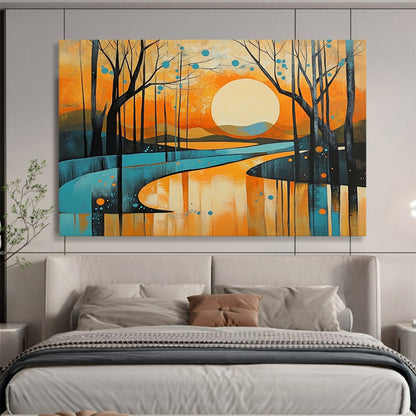 “Sunset Forest Landscape” - Orange, blue, yellow, Modern Landscape Painting HB0627