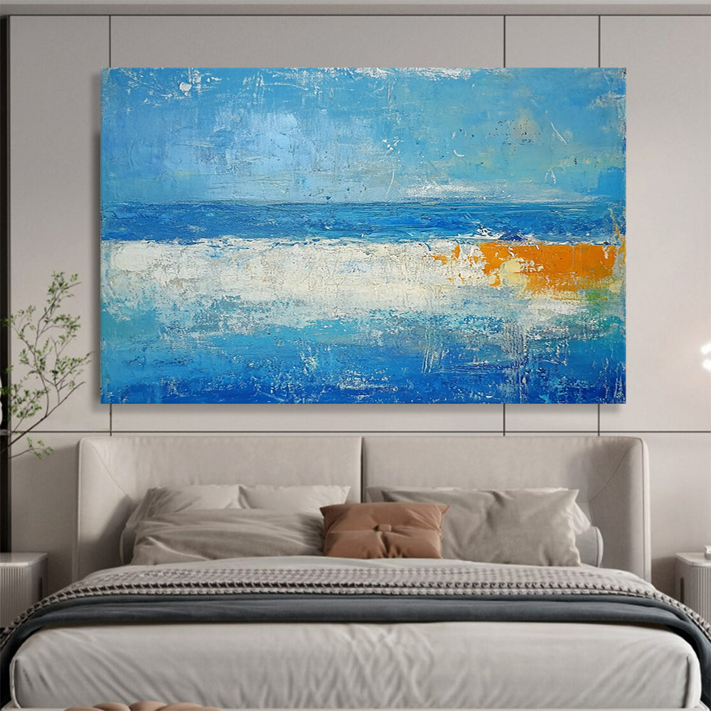 “Abstract Beach Horizons” - Blues, whites, oranges; Softly layered beach and sea; Color - Field Acrylic Painting On Canvas HB1185