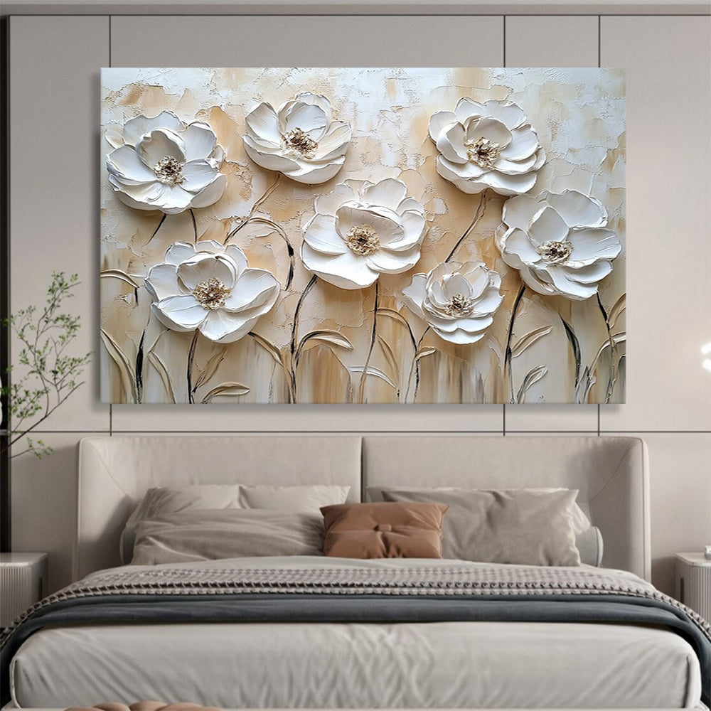 Beige and White Textured Flowers "Timeless Petals" Painting On Canvas HB0425