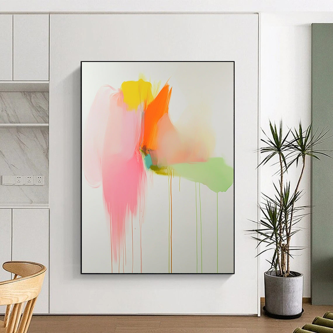 Vibrant contemporary abstract artwork featuring soft pink orange and green tones with pastel drips on a white background creating a serene visual experience. DLZ1063