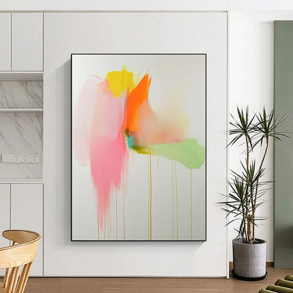 Vibrant contemporary abstract artwork featuring soft pink orange and green tones with pastel drips on a white background creating a serene visual experience. DLZ1063