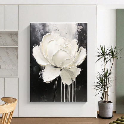 Contemporary abstract oil painting featuring a white rose with dripping paint on a minimalist black and gray background, showcasing intricate details and expressive petals. DLZ0829