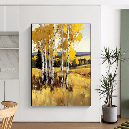 Large contemporary hand-painted abstract artwork featuring birch trees in vibrant yellow against sunny grasslands with bold brush strokes. DLZ1102