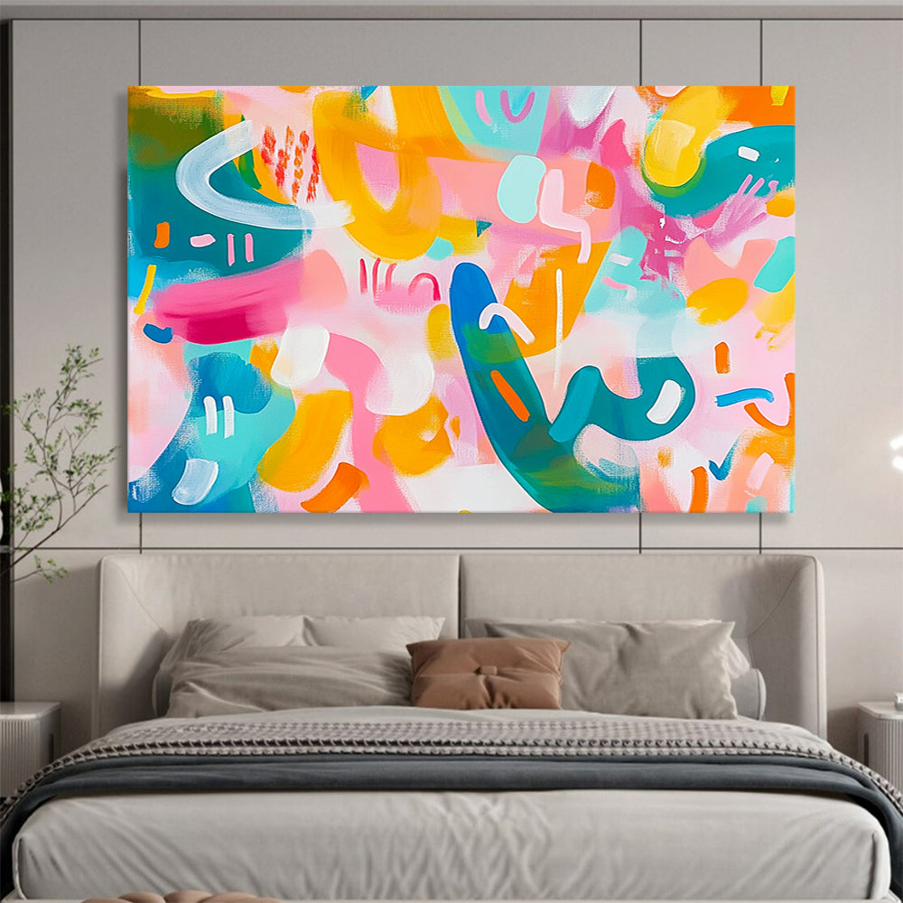 “Pastel Playful Abstract” - Pink, Yellow, Teal, Curved Shapes - Contemporary Acrylic Painting HB1522